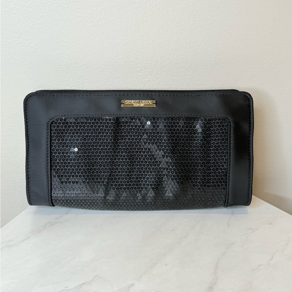 🔥Giorgio Armani Black Sequin Clutch Bag Elegant Evening Purse With Metal Charm🔥